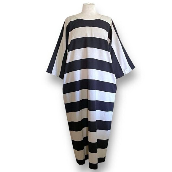 Vintage Vuokko Nurmesniemi Womens Dress Sz Medium Taupe Black Stripe Minimalist - Picture 1 of 8